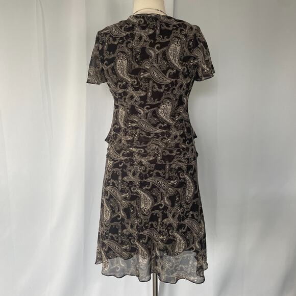Skirt Set Size 14 Black Beige Paisley Flutter Short Sleeve A Line Y2K 2 Piece - Picture 10 of 16